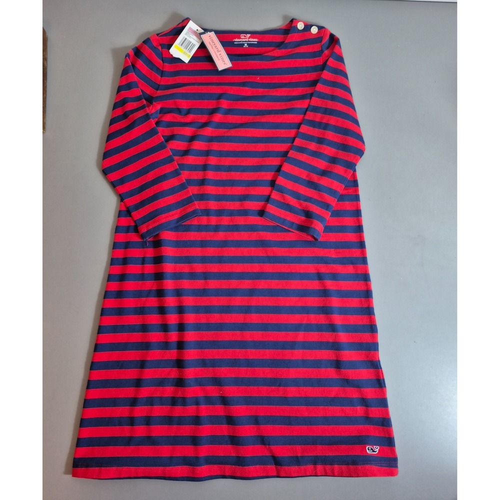 Vineyard Vines Girls Whale Dress Medium 10 12 Navy Blue Red Striped NEW NWT